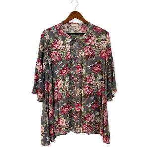 Altar'd State Women's Oversized M Floral 3/4 Sleeve Rayon Button Front Blouse